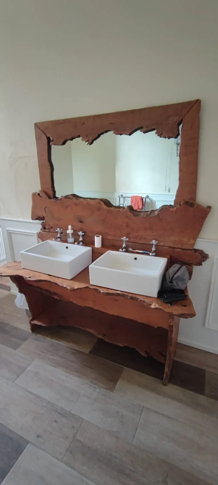 Live edge oak bathroom vanity shelf and hardwood toilet seat fitted in an Irish home bathroom, Setanta Woodcraft