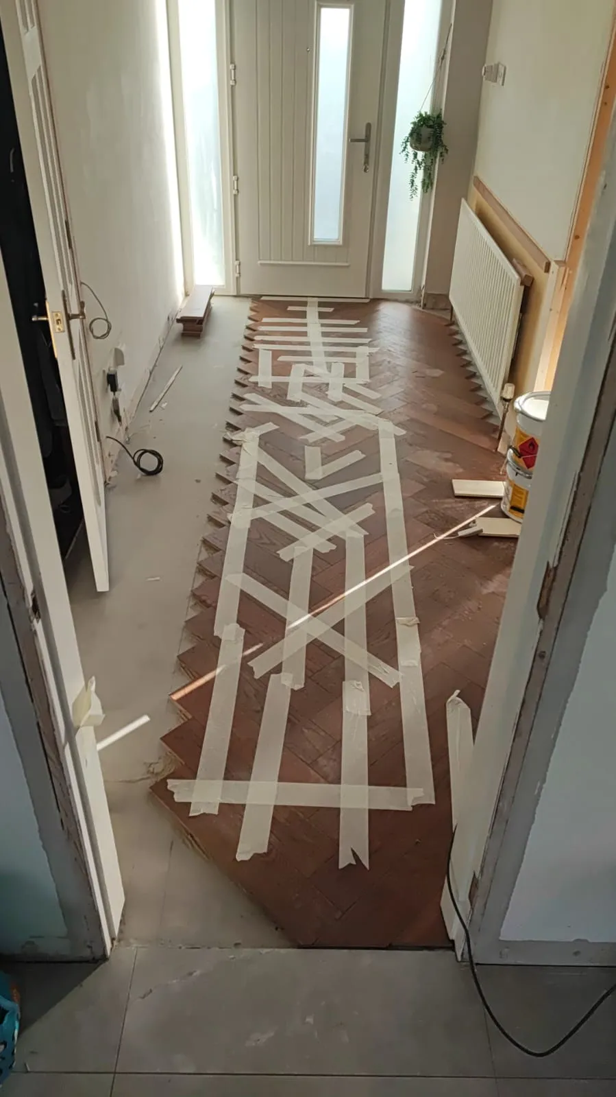 Herringbone oak parquet floor being set out and laid by Setanta Woodcraft, Carlingford, Co. Louth