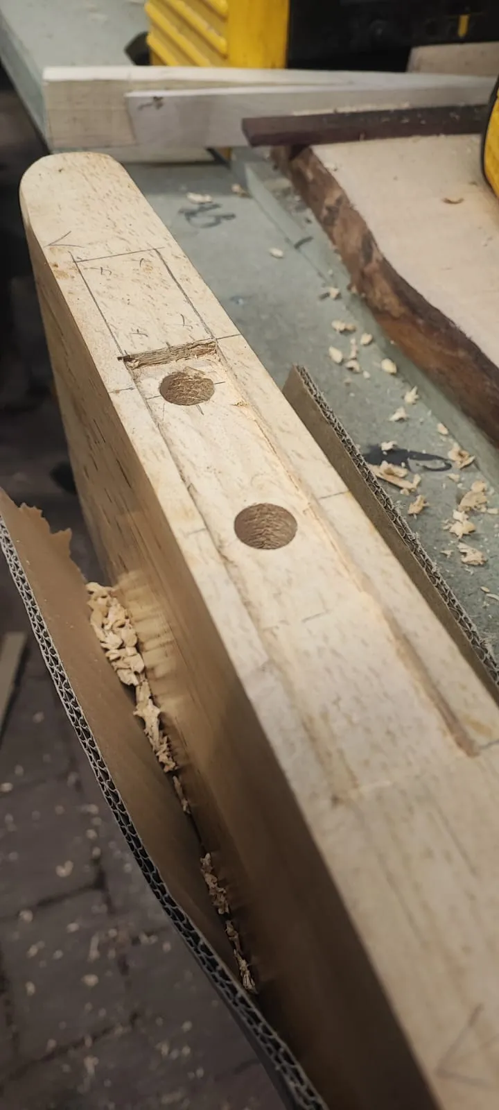 Close-up of hand-fitted mortice and tenon joint in solid oak, Setanta Woodcraft workshop, Carlingford